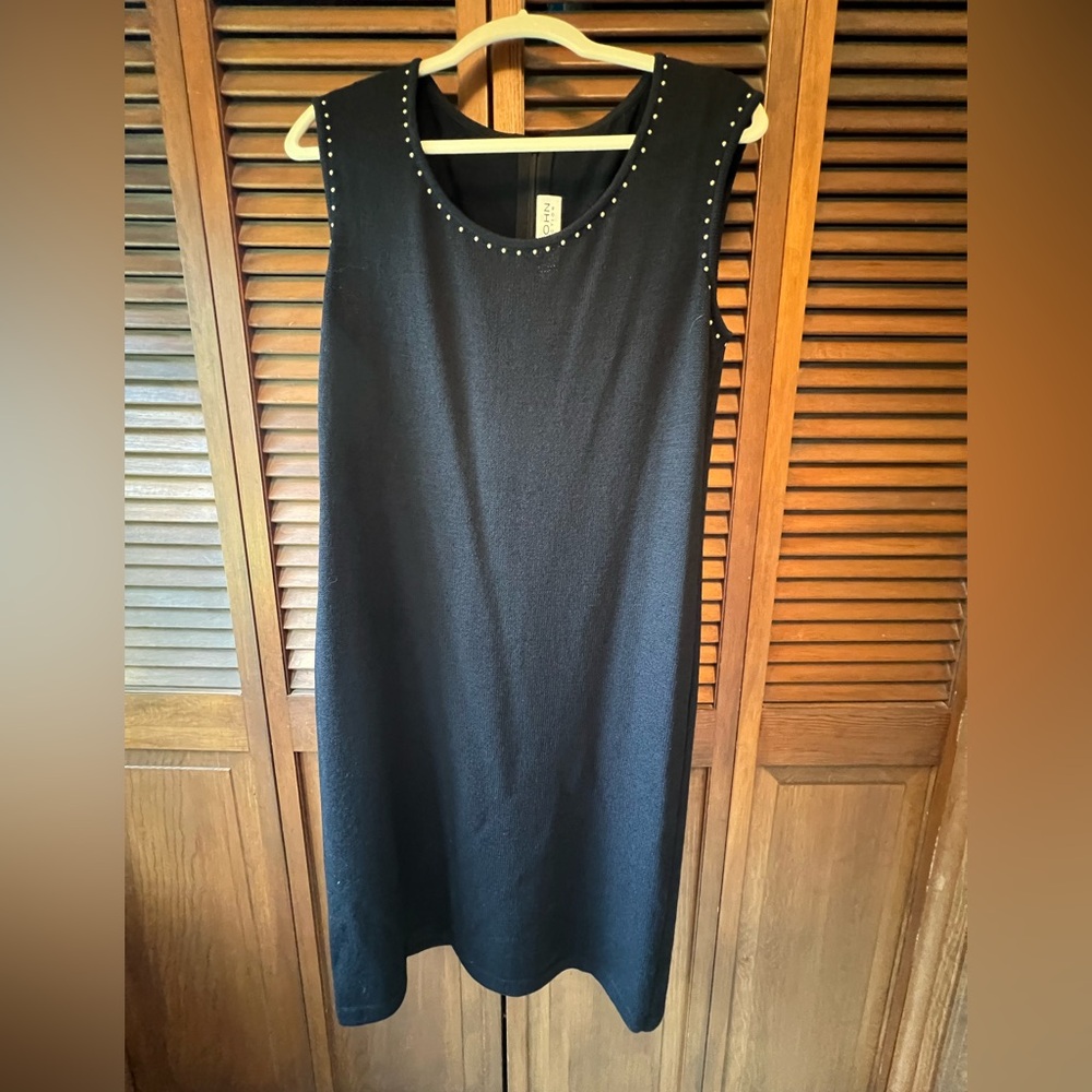 St John Black Sleeveless Dress with Studded Neckline